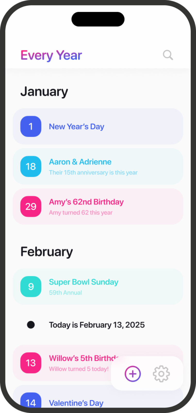 Every Year Calendar App - Event List